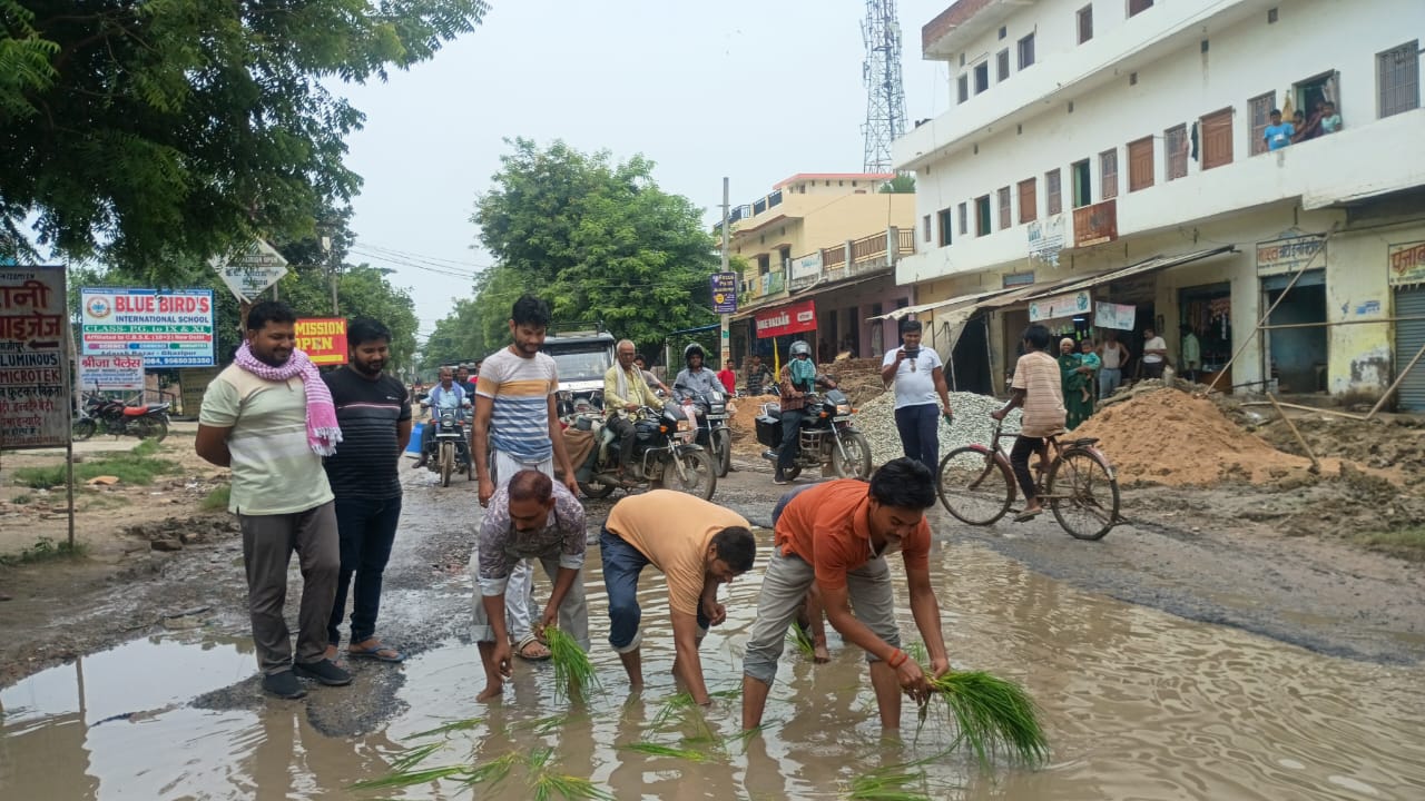 गड्ढों में धान की रोपाई कर जताया विरोध:  बदहाल सड़क पर फूटा लोगो का गुस्सा